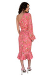 Hemant and Nandita Roop Midi Dress Style HN-ROOP-605 in Coral;Hemant & Nandita One Shoulder Midi Dress;One Should Floral Midi Dress in Coral;Event Dress;Gorgeous Feminine Midi Dress;Elegant Midi Dress