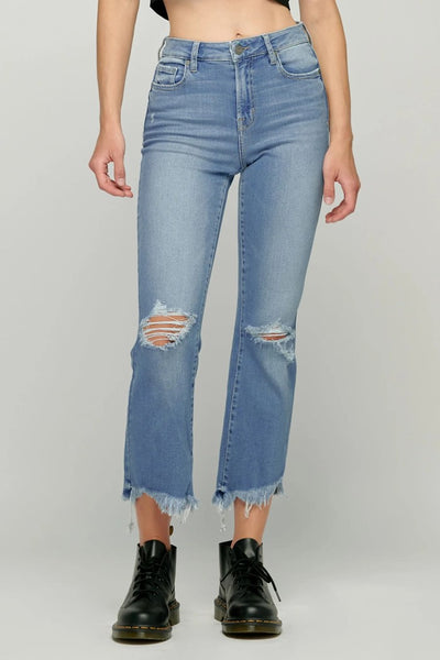 Hidden Denim Jeans Happi Crop Flare With Frayed Uneven Hem Style HD3178C-MD; 