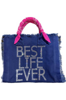 HipChik Couture Best Life Ever Fringe Tote in Navy with Pink; 