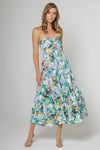 Lavender Brown Tie Front Maxi Dress Style AZM1906M32 in Green Blue White Tropical Print;Tropical Print Maxi Dress;Strapless Tropical Print Dress; 