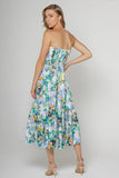 Lavender Brown Tie Front Maxi Dress Style AZM1906M32 in Green Blue White Tropical Print;Tropical Print Maxi Dress;Strapless Tropical Print Dress; 