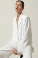 Line and DOt clothing Christy Feather Blazer Style LJ9631B in Off White;White Feather Sleeve Blazer;White Feather Blazer; 
