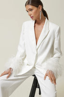 Line and DOt clothing Christy Feather Blazer Style LJ9631B in Off White;White Feather Sleeve Blazer;White Feather Blazer; 