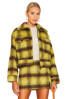 Line and Dot Chloe Jacket Style LJ9626B in Yellow Brown;cropped plaid jacket;line and dot cropped plaid trucker jacket