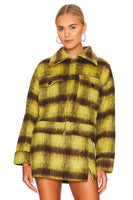 Line and Dot Chloe Jacket Style LJ9626B in Yellow Brown;cropped plaid jacket;line and dot cropped plaid trucker jacket