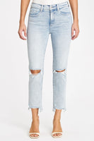 Pistola Denim Monroe High Rise Slim Cigarette Style Number P6991SSJ-DND in Dune Distressed;light wash denim jeans;knee distressed denim jeans;distressed hem denim jeans