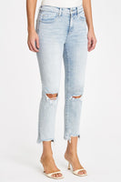 Pistola Denim Monroe High Rise Slim Cigarette Style Number P6991SSJ-DND in Dune Distressed;light wash denim jeans;knee distressed denim jeans;distressed hem denim jeans
