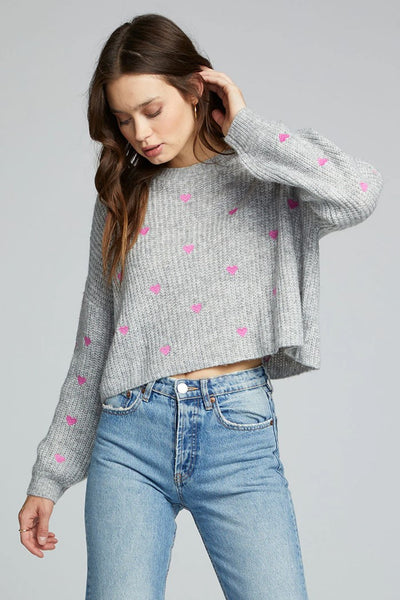 Saltwater Luxe Clothing Charmed Sweater Style S2710-HGry in Heather Grey;Spring Sweater;Women's Spring Sweater With Hearts;Saltwater Luxe Heart Sweater; 