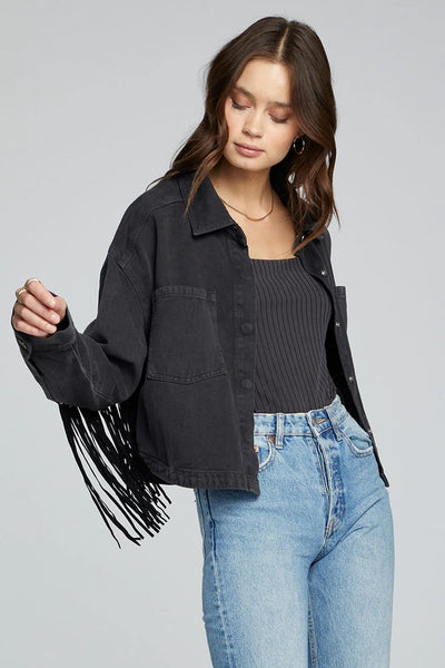 Saltwater Luxe Maya Jacket Style S2624-WashBlk in Washed Black;Spring Jacket;Fringe Denim Jacket;Lightweight Fringed Denim Jacket;Black Spring Jacket; 