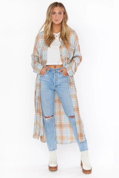 Show me Your Mumu Leo Button Down Tunic Style MF2-4998 GP57 in Georgetown Plaid;Plaid Duster;Plaid Long Cardigan;Show Me Your Mumu Plaid Duster