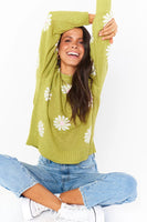 Show me Your Mumu Seasons Change Sweater Style MM2-4972 FP13 in Flower Power Knit;Show Me Your Mumu Daisy Sweater;Sweater With Daisies;Green Sweater With Daisies Flowers;Women's Transitional Sweater;Show Me Your Mumu Knit Sweater