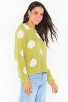 Show me Your Mumu Seasons Change Sweater Style MM2-4972 FP13 in Flower Power Knit;Show Me Your Mumu Daisy Sweater;Sweater With Daisies;Green Sweater With Daisies Flowers;Women's Transitional Sweater;Show Me Your Mumu Knit Sweater