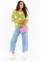 Show me Your Mumu Seasons Change Sweater Style MM2-4972 FP13 in Flower Power Knit;Show Me Your Mumu Daisy Sweater;Sweater With Daisies;Green Sweater With Daisies Flowers;Women's Transitional Sweater;Show Me Your Mumu Knit Sweater