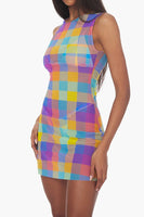 We Wore What MESH OVERSIZED GINGHAM MUSCLE TANK DRESS Style WWC39-3 in Multi;We Wore What Tank DRess;We Wore What Sheer Gingham Dress;Rank Dress