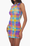 We Wore What MESH OVERSIZED GINGHAM MUSCLE TANK DRESS Style WWC39-3 in Multi;We Wore What Tank DRess;We Wore What Sheer Gingham Dress;Rank Dress