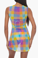We Wore What MESH OVERSIZED GINGHAM MUSCLE TANK DRESS Style WWC39-3 in Multi;We Wore What Tank DRess;We Wore What Sheer Gingham Dress;Rank Dress