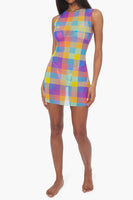 We Wore What MESH OVERSIZED GINGHAM MUSCLE TANK DRESS Style WWC39-3 in Multi;We Wore What Tank DRess;We Wore What Sheer Gingham Dress;Rank Dress