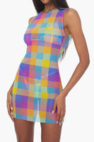 We Wore What MESH OVERSIZED GINGHAM MUSCLE TANK DRESS Style WWC39-3 in Multi;We Wore What Tank DRess;We Wore What Sheer Gingham Dress;Rank Dress